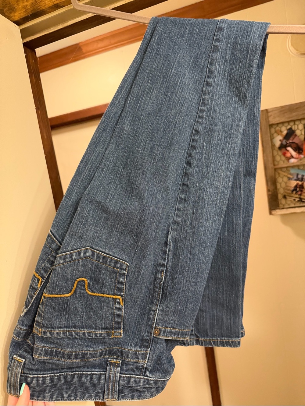 Kimes Ranch Blue Straight-Leg Women's Jeans with Yellow Topstitch